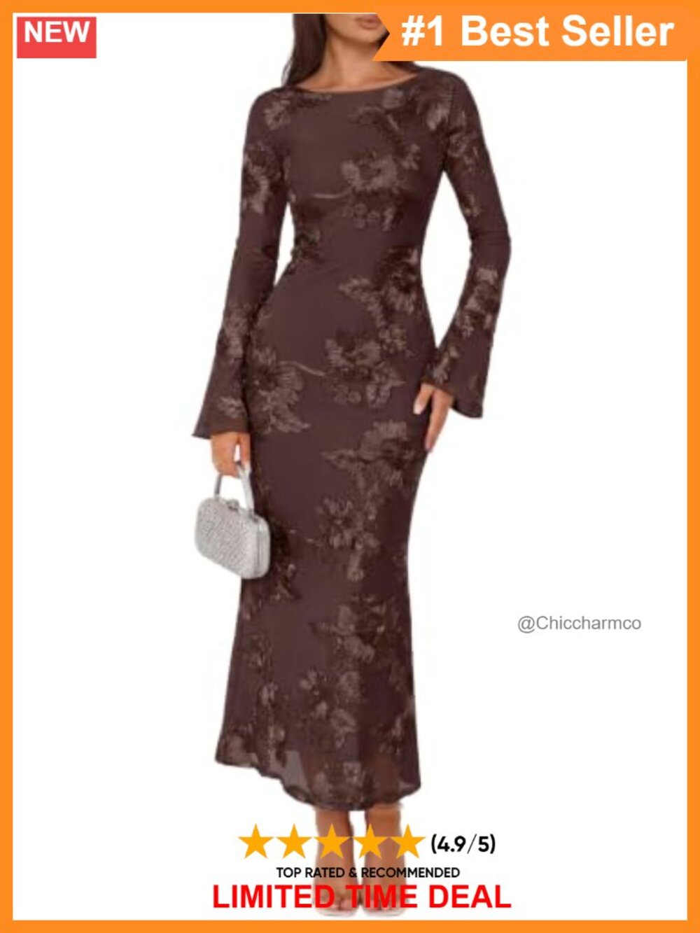 Womens Double-Layered Mesh Floral Midi Dress Long Sleeve Boat Neck Bodycon